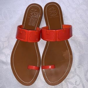 TORY BURCH Marcia Patent Toe-Ring Sandal, Brilliant Red Size 10.5M